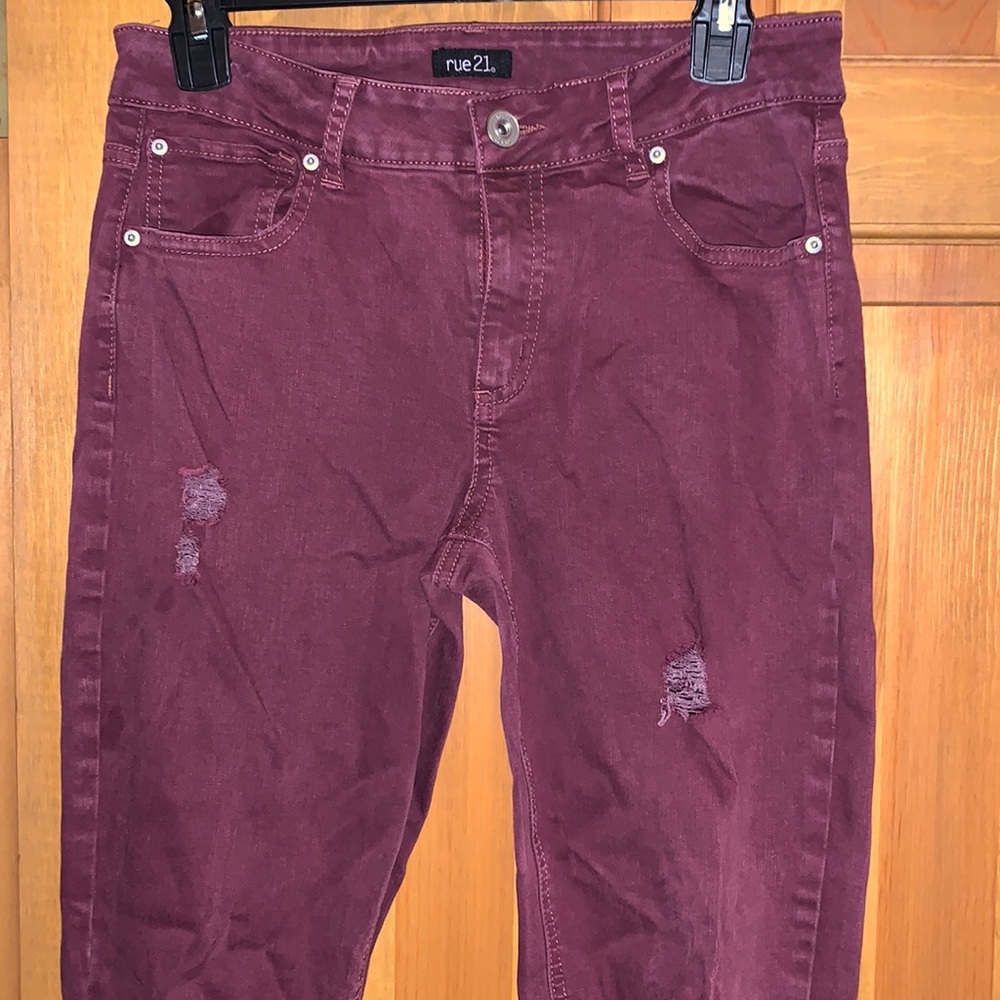 Mid Rise Distressed Jeans | Burgundy/ Maroon|